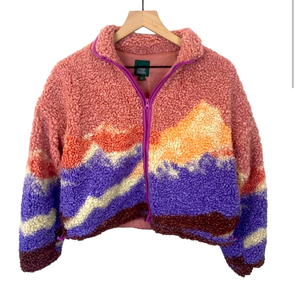 NWT Wild Fable Sherpa Zip Up Jacket Mountain Scene Pink Size XS